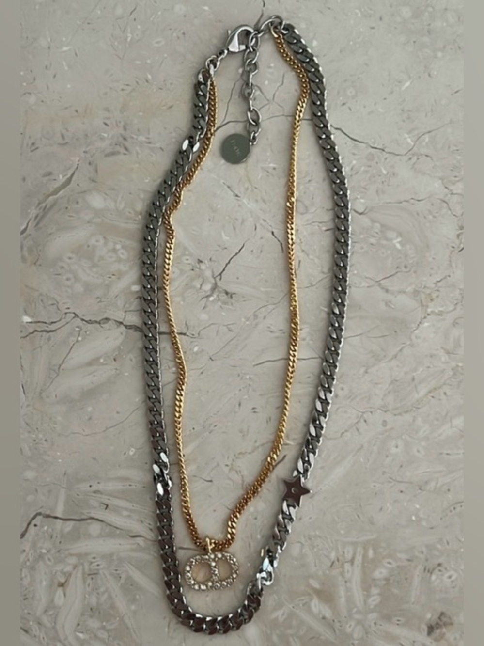 GORG! AUTHENTIC CHRISTIAN DIOR Two-Tone Double Layered Necklace - Silver & Gold